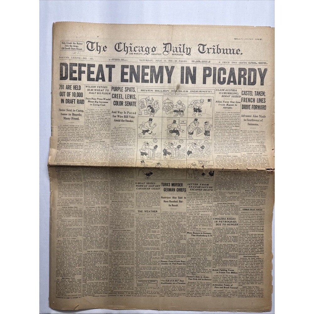 Chicago Daily Tribune July 13 1918 WWI Newspaper Picardy Battle WW1 Draft Raid